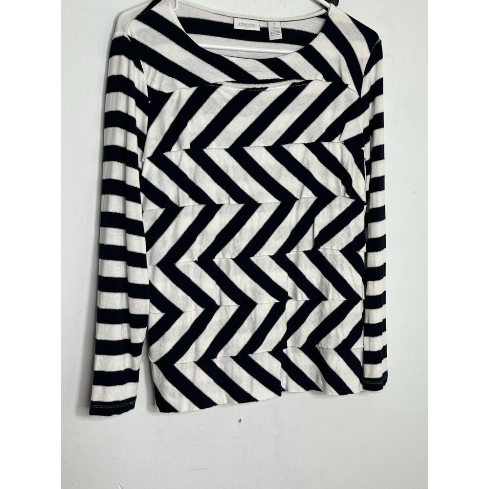 Chicos 1 Tiered Zigzag Stripe Metallic Women Black White Silver Long Sleeve (12)